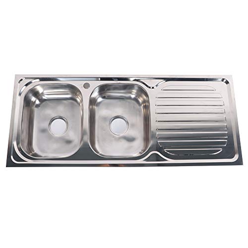 Fregadero de Cocina 2 Senos con Escurridor 110 x 48cm, Fregadero de Cocina para Empotrar de Acero Inoxidable, con Conexión para Lavavajillas o Lavadora