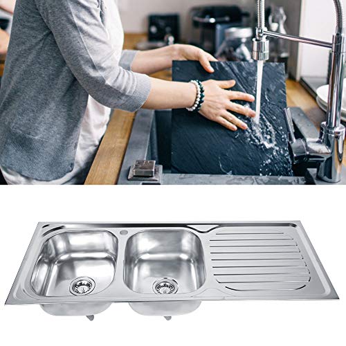 Fregadero de Cocina 2 Senos con Escurridor 110 x 48cm, Fregadero de Cocina para Empotrar de Acero Inoxidable, con Conexión para Lavavajillas o Lavadora