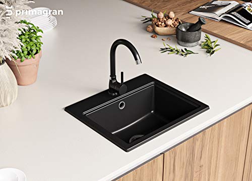 Fregadero de Granito con Sifón Oslo Fregadero Empotrado Nero Armario Cocina 50cm Lavabo de Granito con Sifón y Rejilla Primagran