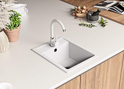 Fregadero de Granito con Sifón Riga Fregadero Empotrado Bianco Armario Cocina 40cm Lavabo de Granito con Sifón y Rejilla Primagran