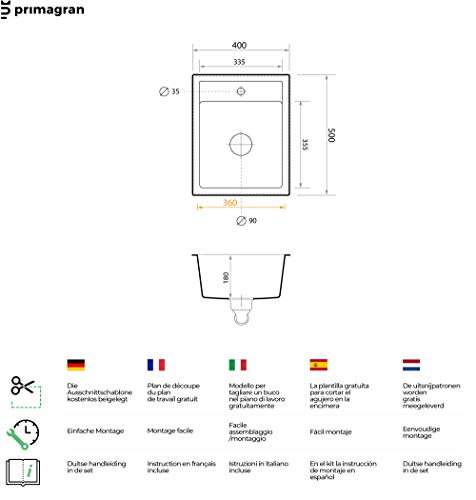 Fregadero de Granito con Sifón Riga Fregadero Empotrado Bianco Armario Cocina 40cm Lavabo de Granito con Sifón y Rejilla Primagran