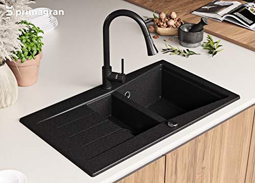 Fregadero de granito con sifón y grifo –Madrid– Fregadero integrado Grafito con grifo cromado 3000 – Fregadero de cocina para mueble bajo de 60cm