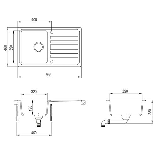 Fregadero Negro de Cocina con Una Cubeta Muy Profunda,de Granito de Alta Calidad 765 x 460 mm