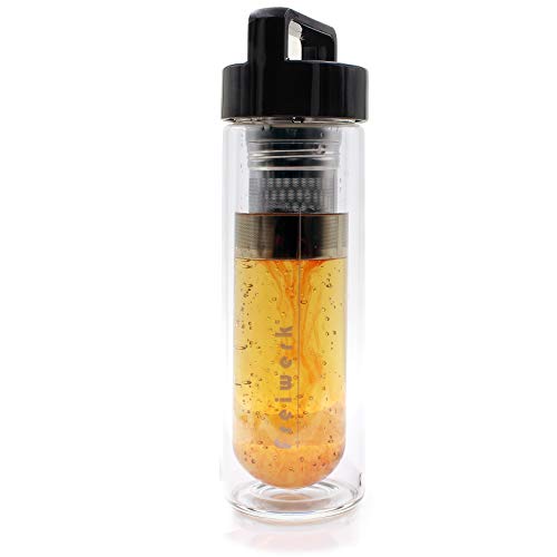 freiwerk® té Termo Botella Fabricante tamiz Tetera infusor Vidrio Doble Pared Libre de BPA Neopreno Negro Tapa Negra 400ml