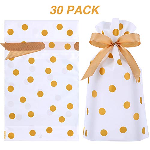 Frienda 30 Piezas Bolsa de Dulces con Cordón, Bolsa de Favores de Plástico Bolsa de Galletas de Cordón para Navidad Boda Cumpleaños Compromiso Fiesta (Impresión de Puntos Lunares Dorados)