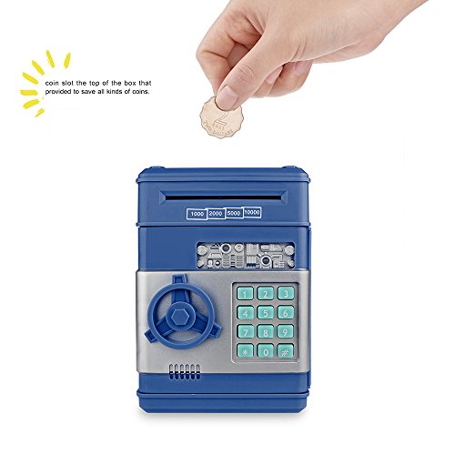 Frontoppy Hucha Contadora, Hucha Electrónica, contraseña, Cerdito, Hucha de Monedas, Juguetes de los Regalos para Niños con Sonido (Cajero automático-Azul)