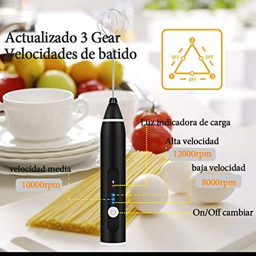 Frother de Leche eléctrica, Fabricante de Espuma de Mano Recargable USB, Espuma de Leche de Primavera Doble con Cabeza de batidor de Globo, Acero Inoxidable 3 velocidades Ajustables