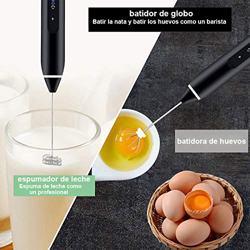 Frother de Leche eléctrica, Fabricante de Espuma de Mano Recargable USB, Espuma de Leche de Primavera Doble con Cabeza de batidor de Globo, Acero Inoxidable 3 velocidades Ajustables