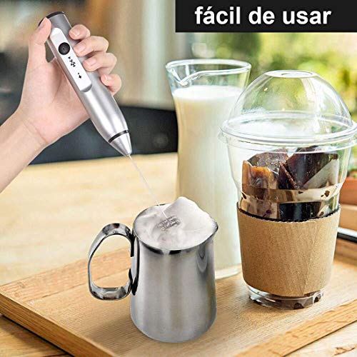 Frother de Leche eléctrica, Fabricante de Espuma de Mano Recargable USB, Espuma de Leche de Primavera Doble con Cabeza de batidor de Globo, Acero Inoxidable 3 velocidades Ajustables