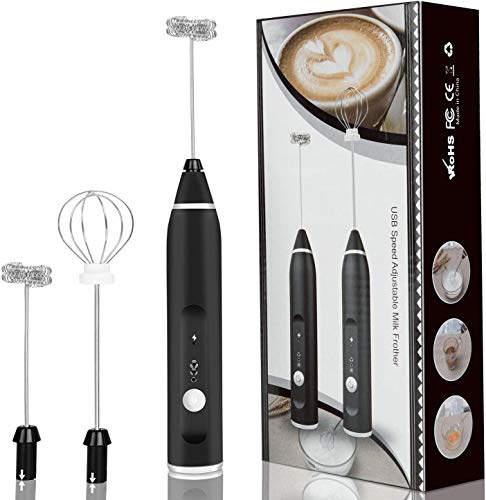 Frother de Leche eléctrica, Fabricante de Espuma de Mano Recargable USB, Espuma de Leche de Primavera Doble con Cabeza de batidor de Globo, Acero Inoxidable 3 velocidades Ajustables