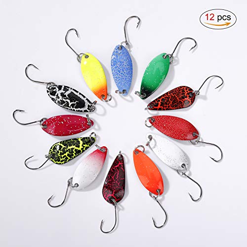 FT-SHOP Señuelos de Trucha Artificiales Cucharas de Pesca Lentejuelas de Metal Cucharillas de Trucha con Ganchos para Pesca de Charca y Perca Spinning 12 Piezas