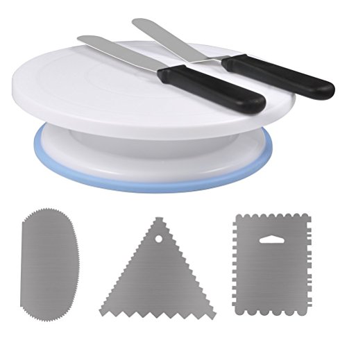 FuCaiLai - Soporte giratorio para tartas con 2 espátulas de glaseado y 3 cucharillas de glaseado, blanco, 11" (28 cm)