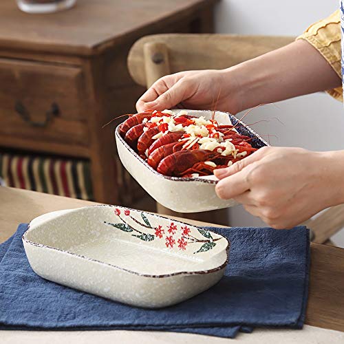 Fuente Horno Ceramica 2 piezas de cerámica japonesa rectangular fuente de horno, maneta creativo Doble Placa arroz cocido al horno, pasta de cocción del horno de microonda para lasañas, pasteles, tapa