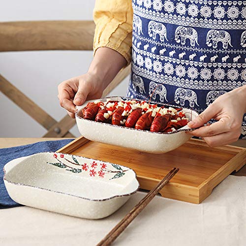 Fuente Horno Ceramica 2 piezas de cerámica japonesa rectangular fuente de horno, maneta creativo Doble Placa arroz cocido al horno, pasta de cocción del horno de microonda para lasañas, pasteles, tapa