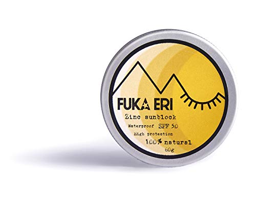 FUKA ERI Protector solar con zinc no-nano. Ingredientes minerales y naturales. Crema solar con color, 50 SPF. Waterproof/Vegana. Cara y zonas sensibles. Sin plástico. Fórmula mejorada. 50g