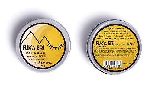 FUKA ERI Protector solar con zinc no-nano. Ingredientes minerales y naturales. Crema solar con color, 50 SPF. Waterproof/Vegana. Cara y zonas sensibles. Sin plástico. Fórmula mejorada. 50g