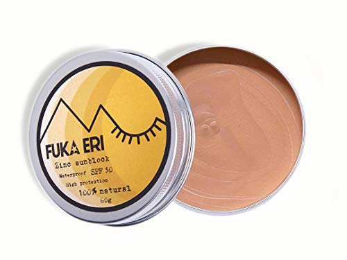 FUKA ERI Protector solar con zinc no-nano. Ingredientes minerales y naturales. Crema solar con color, 50 SPF. Waterproof/Vegana. Cara y zonas sensibles. Sin plástico. Fórmula mejorada. 50g