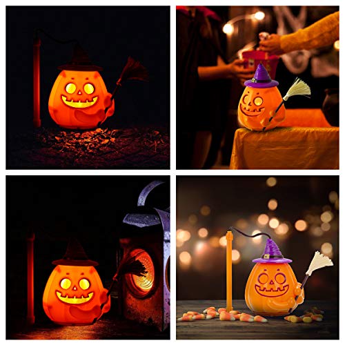 Fulighture Decoración de Halloween, luz de calabaza, linterna de calabaza de música con un sombrero púrpura y una escoba, decoración de otoño de Acción de Gracias, decoración del hogar, blanco cálido