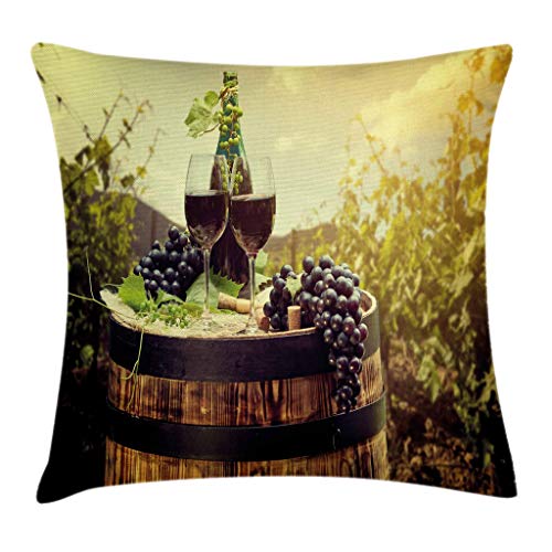 Funda de Almohada Pintoresco paisaje de la Toscana con par de copas de barrica y uvas maduras Funda de Almohada Decorativa Feliz Navidad Throw Pillow Case Funda de Almohada para Cojín(50x50cm)