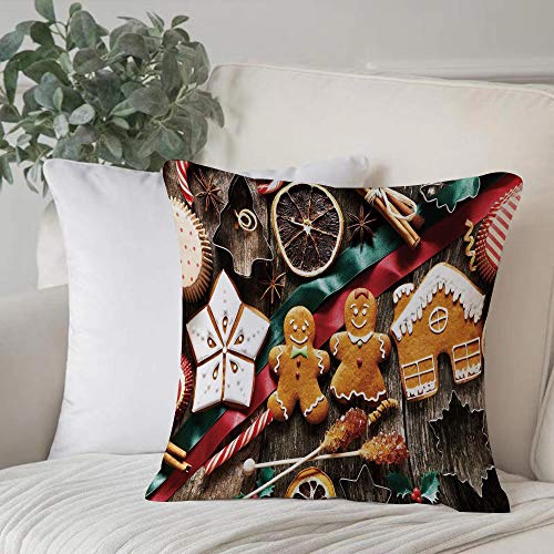 Funda de Cojín duradero Fundas de Almohada Decorativa,Gingerbread Man, Deliciosas galletas caseras Frutas secas y herramientas de panadería Festivo,Funda de Cojín con Cremallera Invisible 45 x 45 cm