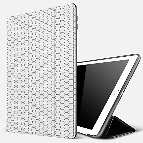 Funda iPad 10.2 Inch 2018/2019,Red de Pelota Hexágono Monocromo Fútbol Bloque Enlace Fútbol Blanco Diseño Abstracto,Cubierta Trasera Delgada Smart Auto Wake/Sleep