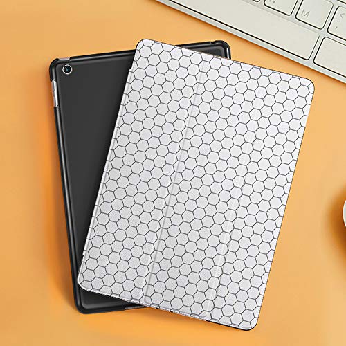 Funda iPad 10.2 Inch 2018/2019,Red de Pelota Hexágono Monocromo Fútbol Bloque Enlace Fútbol Blanco Diseño Abstracto,Cubierta Trasera Delgada Smart Auto Wake/Sleep