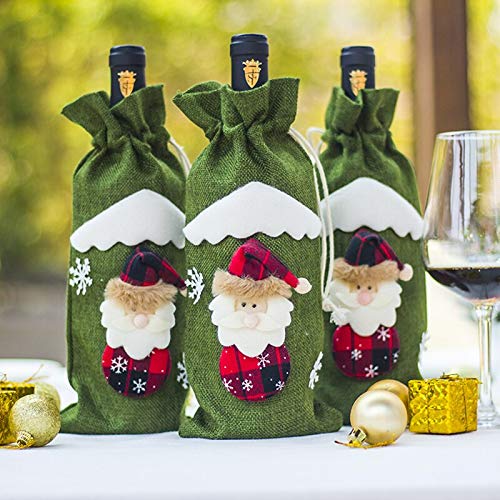 Funda para botella de vino tinto – Bolsas de decoración para el hogar, fiesta de Navidad Merry – Medias de regalo, fundas de arpillera, lino crepé tela Halloween vajilla Navidad C