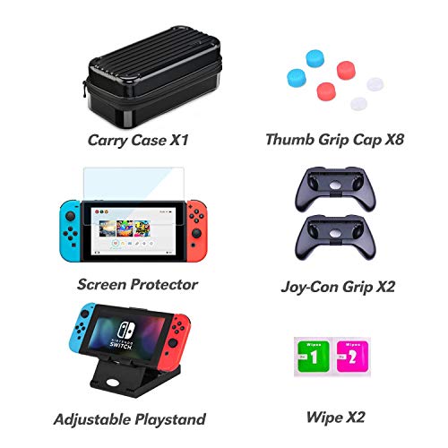 Funda para Nintendo Switch, HEYSTOP 11 en 1 Nintendo Switch Estuche portátil Incluye 2 Joy-Con Grips para Nintendo Switch, PlayStand ajustable, Protector de Pantalla con 6 Tapas de Agarre para Pulgar