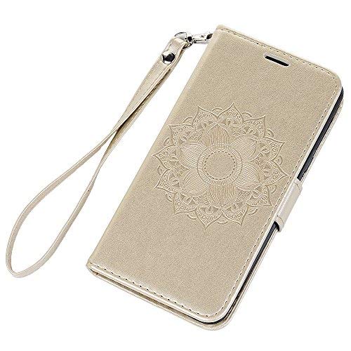 Funda para Samsung Galaxy A5 2017， Libro de Cuero Impresión de Suave PU Premium e Silicone TPU Carcasa Con Tapa y Cartera, Correa de mano, Ranuras para Tarjetas y Billetera, Cierre Magnético Flor oro