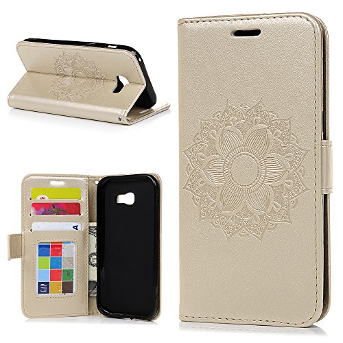 Funda para Samsung Galaxy A5 2017， Libro de Cuero Impresión de Suave PU Premium e Silicone TPU Carcasa Con Tapa y Cartera, Correa de mano, Ranuras para Tarjetas y Billetera, Cierre Magnético Flor oro