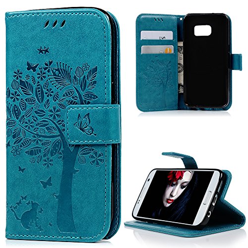 Funda para Samsung Galaxy S7, Libro de Cuero Impresión de Suave PU Premium e Silicone TPU Carcasa , Correa de mano, Soporte Plegable, Ranuras para Tarjetas y Billetera, Cierre Magnético Árbol Azul