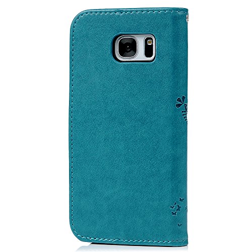 Funda para Samsung Galaxy S7, Libro de Cuero Impresión de Suave PU Premium e Silicone TPU Carcasa , Correa de mano, Soporte Plegable, Ranuras para Tarjetas y Billetera, Cierre Magnético Árbol Azul