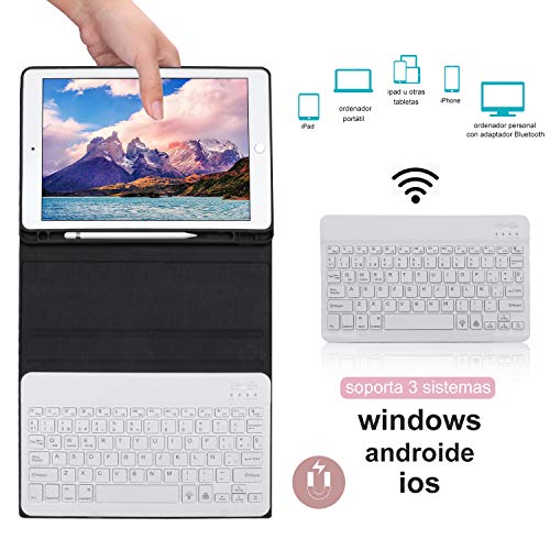 Funda Teclado iPad 10.2 Español,Dingrich Funda Teclado (Incluye Ñ) para iPad 10.2 2019 7 Generación/10.5 2017/Air 3,Bluetooth 7 Colores Retroiluminados Desmontable iPad Teclado Auto Dormir/Despertar