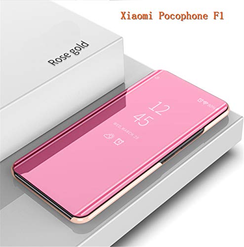 Funda Xiaomi Pocophone F1 Flip Clear View Translúcido Espejo Standing Cover + cristal templado Slim Fit Anti-Shock Anti-Rasguño Mirror 360°Protectora Cubierta MLOTECH-Oro rosa