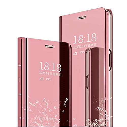 Funda Xiaomi Pocophone F1 Flip Clear View Translúcido Espejo Standing Cover + cristal templado Slim Fit Anti-Shock Anti-Rasguño Mirror 360°Protectora Cubierta MLOTECH-Oro rosa