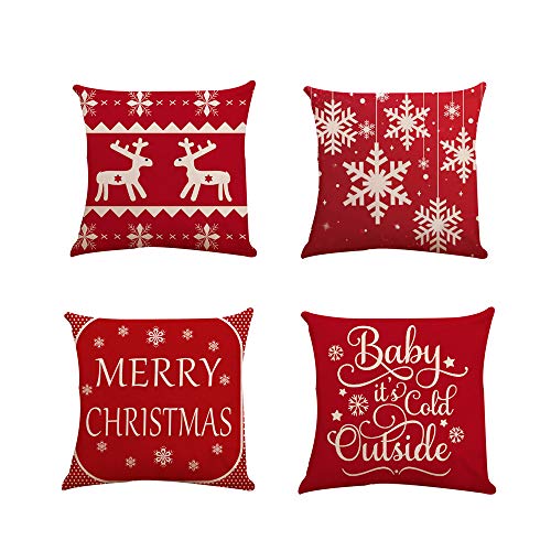 Fundas Cojines de Navidad 4 Pieza, Patrón de Copo de Nieve Ciervo Merry Christmas Funda de Cojines 45x45 Navidad Decoracion para Hogar Casa Sofa Jardin Cama (01)