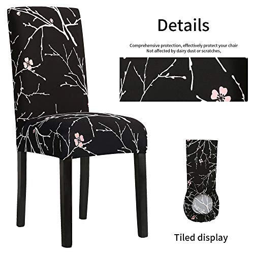 Fundas de Silla de Comedor Elásticas y Modernas,Extraíbles y Lavables, Fundas de Licra para sillas Altas 6 Piezas Fundas Protectoras para sillas (Flor Negro, Juegos de 6)