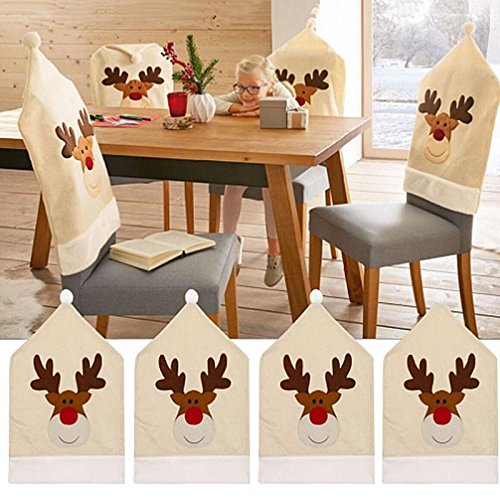 Fundas para sillas de Navidad, 4 Piezas Fundas para sillas de Reno de Ciervo Cena Silla Conjuntos de Gorro de Navidad Decoración navideña Fundas para sillas de Navidad para decoración navideña