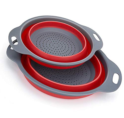 furein Par de Coladores de Silicona Plegables con Mango, Cesta de Lavado de Frutas y Verduras Colador Plegable para Pastas, Escurridor Portátil de Alimentos, Herramientas de Cocina (Rojo)