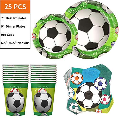 Fútbol Suministros para Fiestas 177PCS Vjilla Desechable Incluye Platos Vasos Servilletas Cucharas Tenedores Cuchillos Mantel y Banner, para Tema Deportivo, Cumpleaños de Niños, Sirve para 25