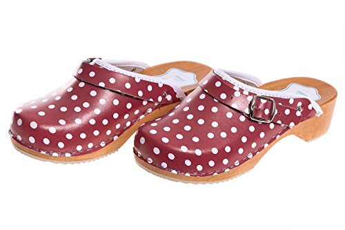 FUTURO FASHION® - Zuecos de Cuero auténtico con Suela de Madera - para Mujer - Colores Lisos Unisex - Tallas 36-42 - Rojo/Lunares Blancos - 38 EU