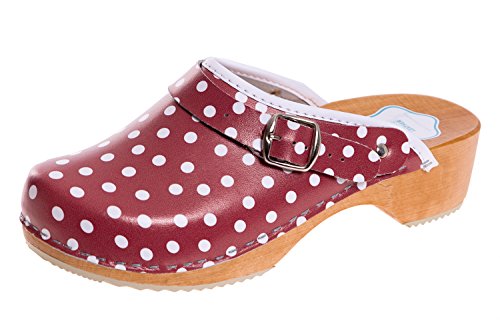 FUTURO FASHION® - Zuecos de Cuero auténtico con Suela de Madera - para Mujer - Colores Lisos Unisex - Tallas 36-42 - Rojo/Lunares Blancos - 38 EU