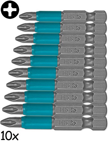 FUXXER® - Juego de 10 puntas magnéticas S2 de acero con ranura en cruz y puntas de tornillo con antideslizamiento, ayuda centrífuga, Phillips PH, juego de 10