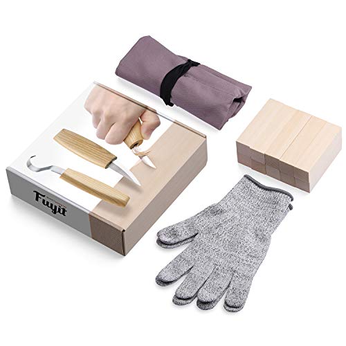 Fuyit Herramientas de Talla de Madera - 17 piezas Conjunto de Herramientas con Cuchillo de Gancho, Cuchillo Whittling, Cuchillo de Detalle, Guantes Resistentes y Bloques de Madera de 10 piezas