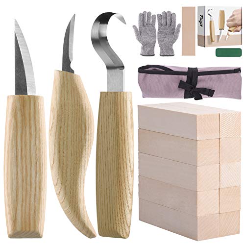 Fuyit Herramientas de Talla de Madera - 17 piezas Conjunto de Herramientas con Cuchillo de Gancho, Cuchillo Whittling, Cuchillo de Detalle, Guantes Resistentes y Bloques de Madera de 10 piezas