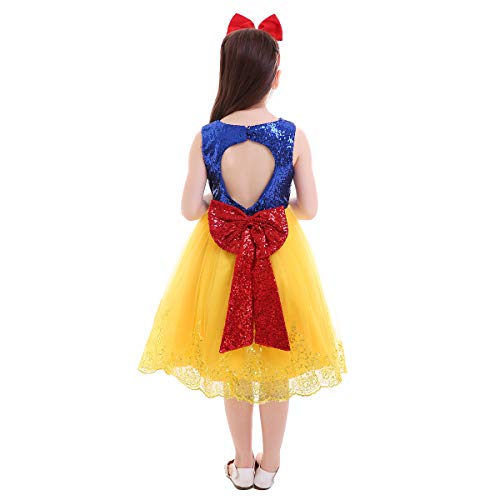 FYMNSI Disfraz de Blancanieves para Niñas Vestido de Princesa Grimm's Cuento de Hadas Blanca Nieves Ropa Falda Tutu De Lentejuelas Halloween Carnaval Navidad Fiesta de Cumpleaños Vestirse 6-7 Años