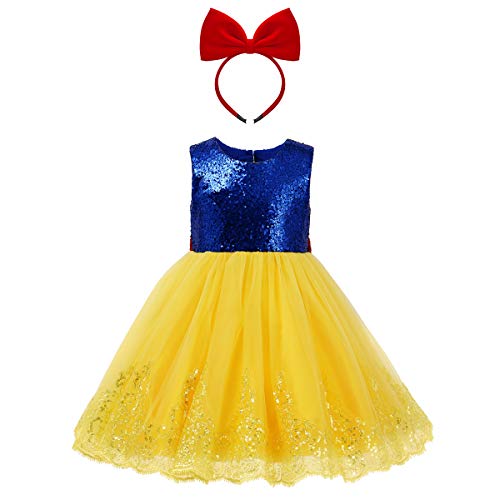 FYMNSI Disfraz de Blancanieves para Niñas Vestido de Princesa Grimm's Cuento de Hadas Blanca Nieves Ropa Falda Tutu De Lentejuelas Halloween Carnaval Navidad Fiesta de Cumpleaños Vestirse 6-7 Años