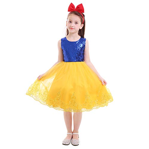 FYMNSI Disfraz de Blancanieves para Niñas Vestido de Princesa Grimm's Cuento de Hadas Blanca Nieves Ropa Falda Tutu De Lentejuelas Halloween Carnaval Navidad Fiesta de Cumpleaños Vestirse 6-7 Años