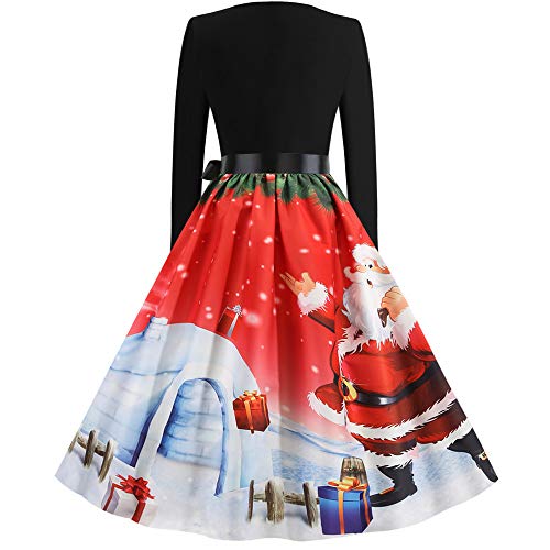 FZ FUTURE Línea de Vestido de Swing de Navidad, Vestido navideño Vintage, Vestido de Navidad para Mujer, Media Pierna Acampanado Vestidos, Vendimia de la Impresión Cuello Redondo Manga Larga,C,L