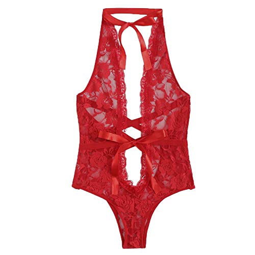 G-String Women Sexy Lingerie Girl Low Back Cross Floral Lace Sleepwear Erotic Cosplay Costume Lingerie Red XXXL